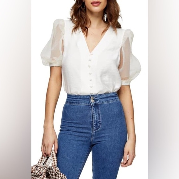 Topshop-ORGANZA SLEEVE BLOUSE IN IVORY - Picture 2 of 7